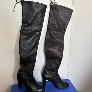 Stuart Weitzman Highland Tieland Napa Leather Thigh High Black Heeled Boots, 9